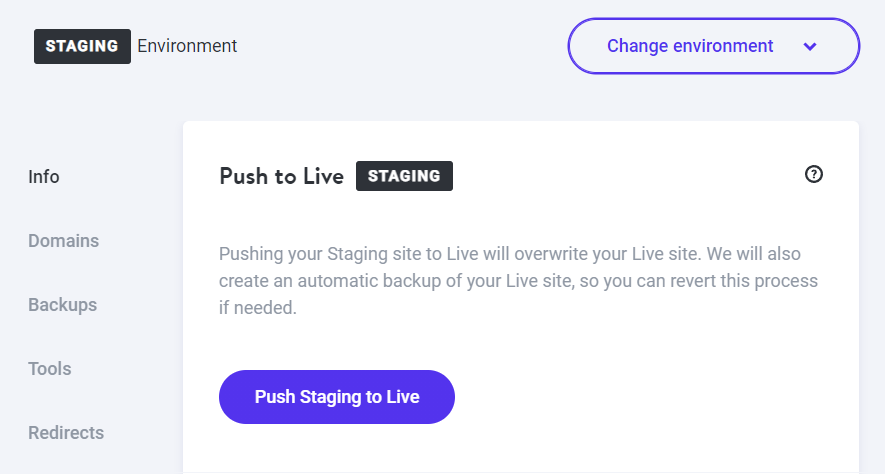 option d'environnement de staging pour pousser les modifications en direct