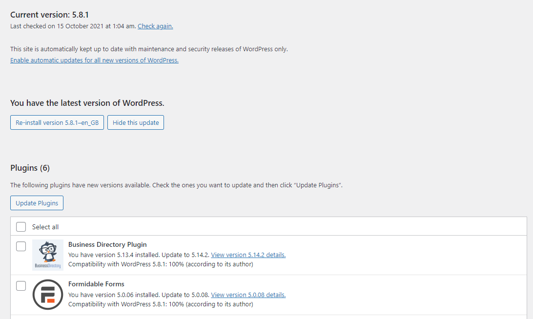 การอัปเดตที่มีอยู่ใน WordPress