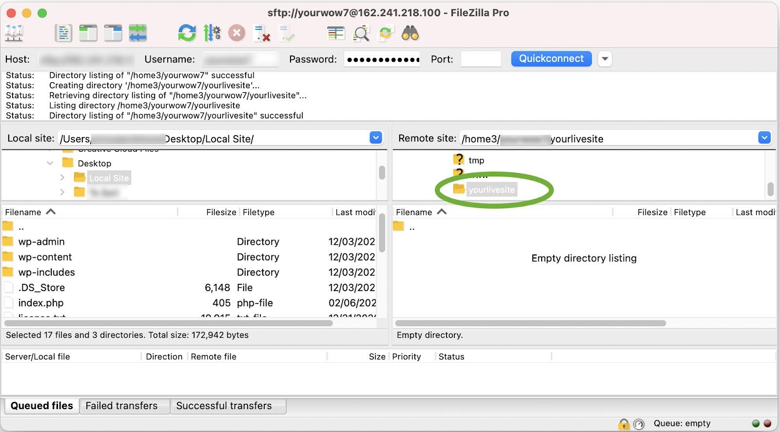 directory del sito live evidenziata nel pannello di destra