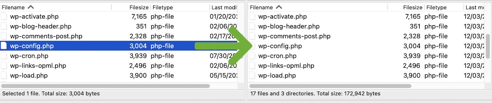 trascinando il file wp-config sul sito live