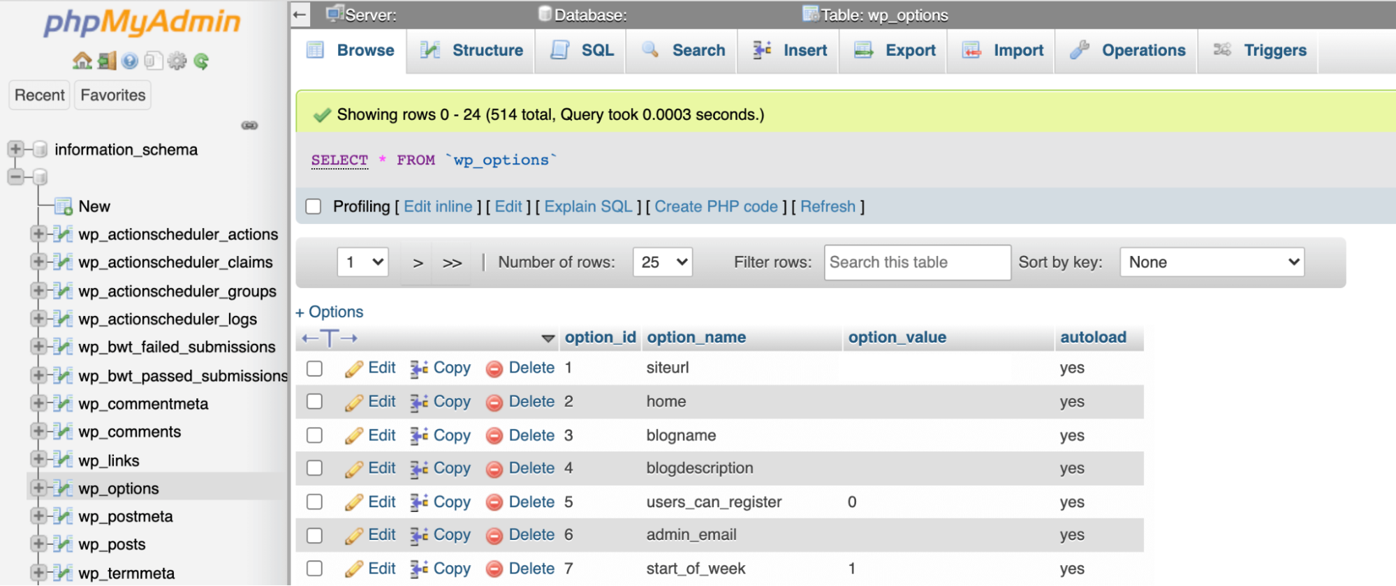 Table wp_options dans phpMyAdmin