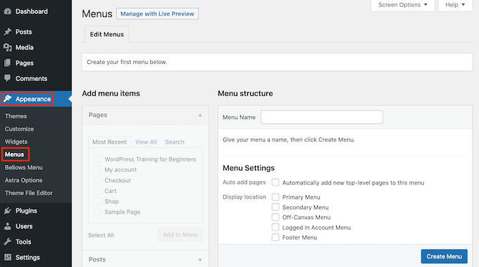 在 WordPress 仪表板中创建菜单。