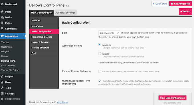 Configurazione dell'aspetto grafico del menu della barra laterale comprimibile di WordPress.