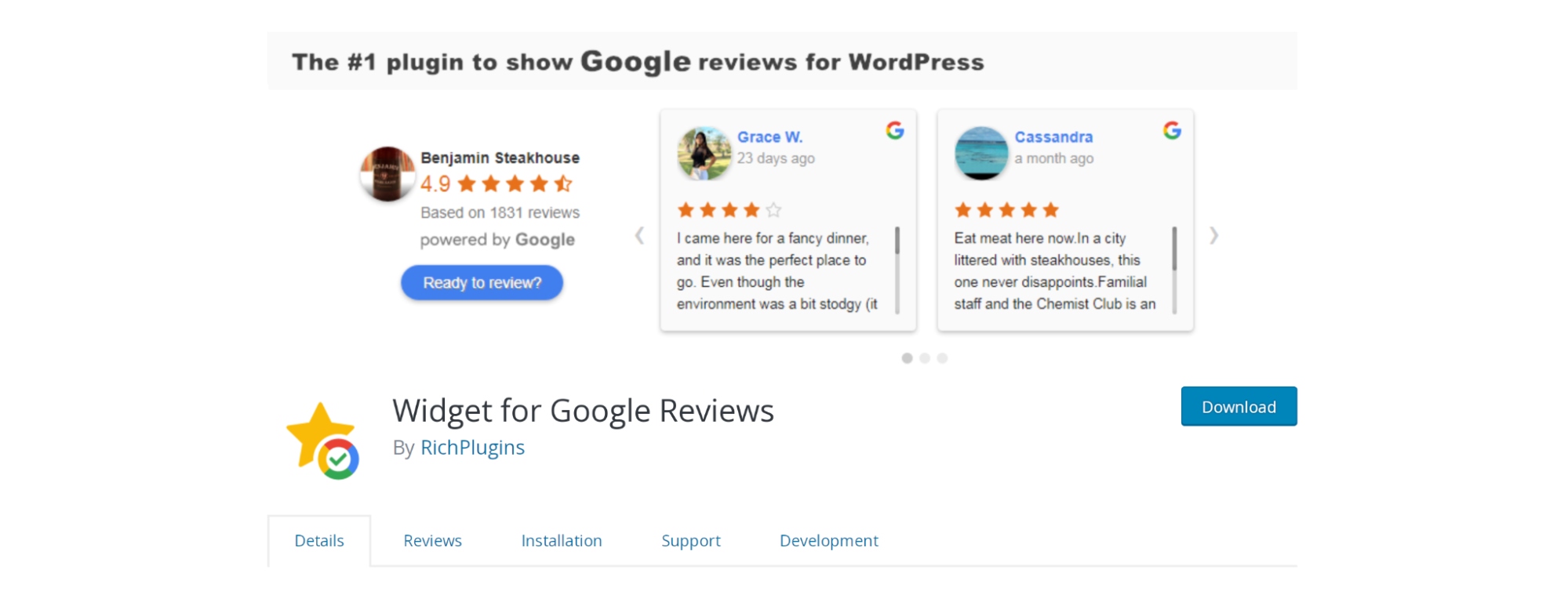 Pagina de plugin Widget pentru Google Reviews