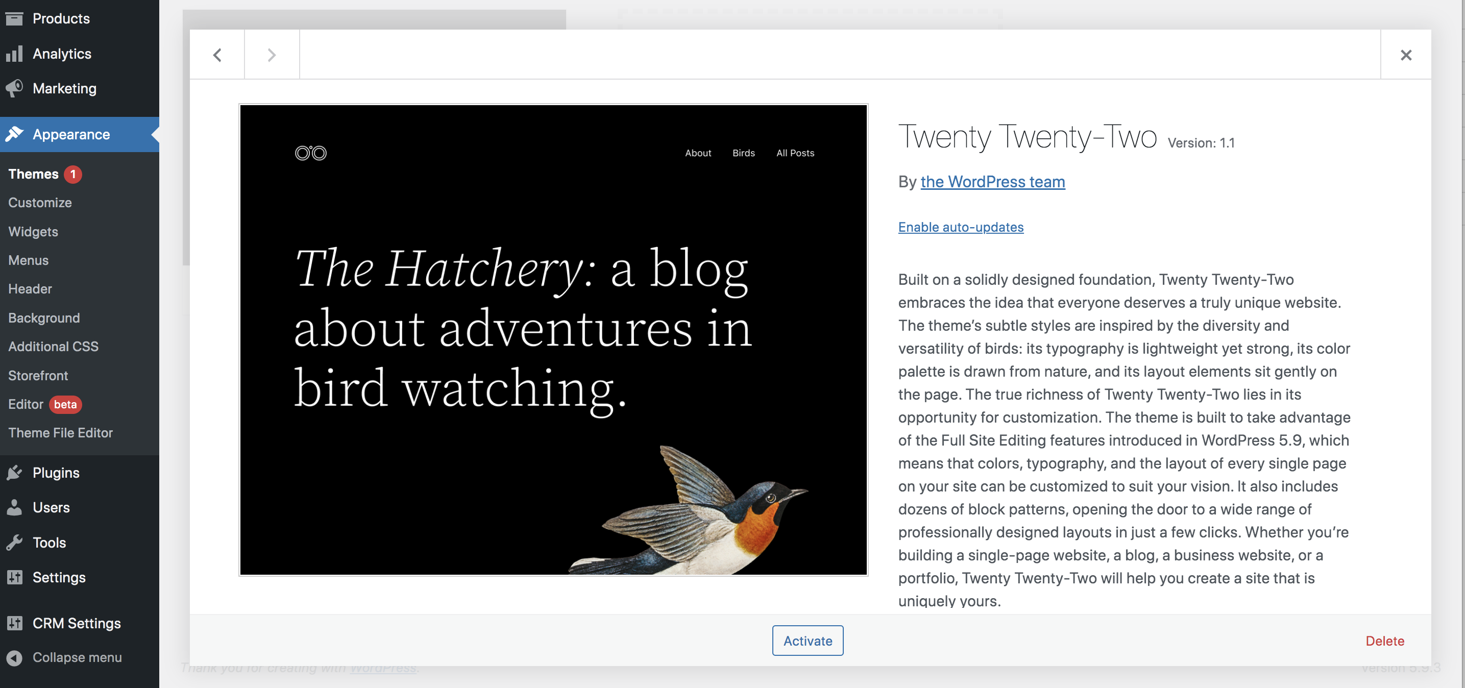 Tema Twenty Twenty-Two nella dashboard di WordPress