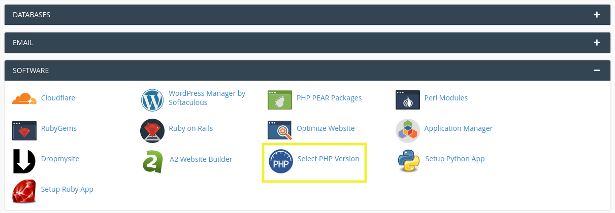 在 cpanel 中选择 PHP 版本选项