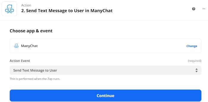 Configurando uma ação ManyChat no Zapier.