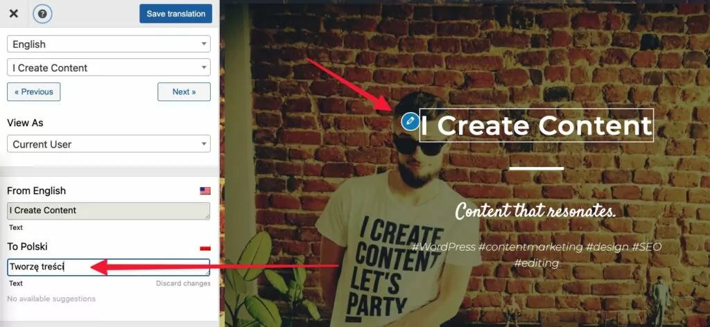 Translatepress interfejs tłumaczenia