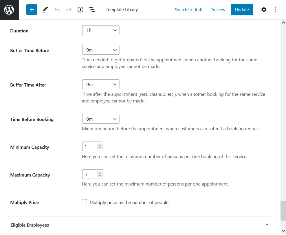 configuración del servicio