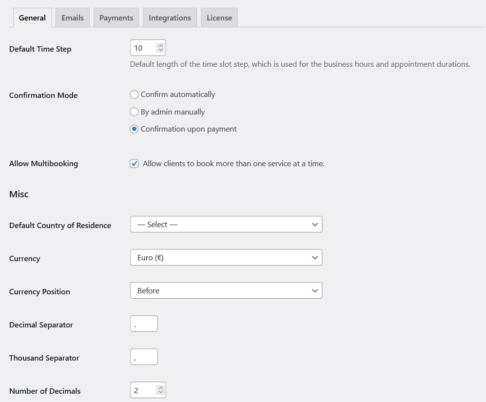 configuración de reserva de citas