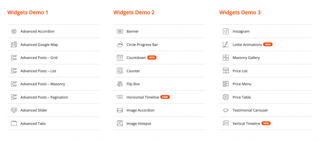 Lista de widgets do Stratum Elementor