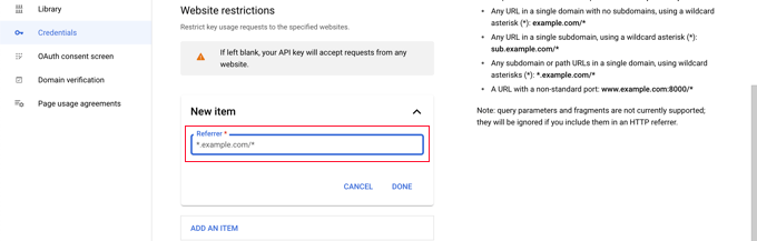 Type Your Website Domain Into the ‘New Item’ Field Using the Pattern *example.com/*