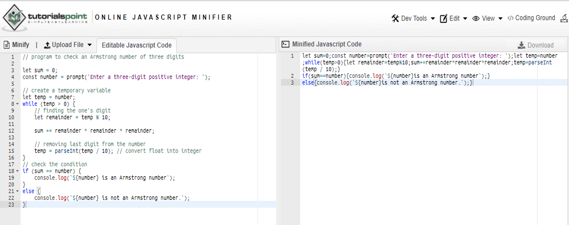 Tutorialspoint JavaScript Minifier beim Minimieren von JavaScript