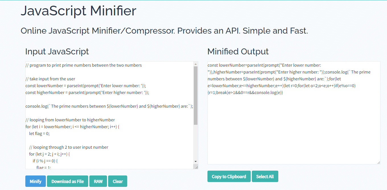 Toptal JavaScript Minifier beim Minimieren von JavaScript-Code