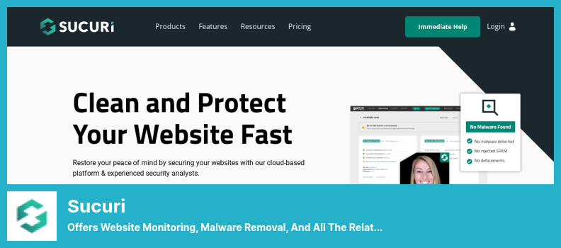 Complemento Sucuri: ofrece monitoreo de sitios web, eliminación de malware y todos los servicios de seguridad de sitios web relacionados que necesitaría