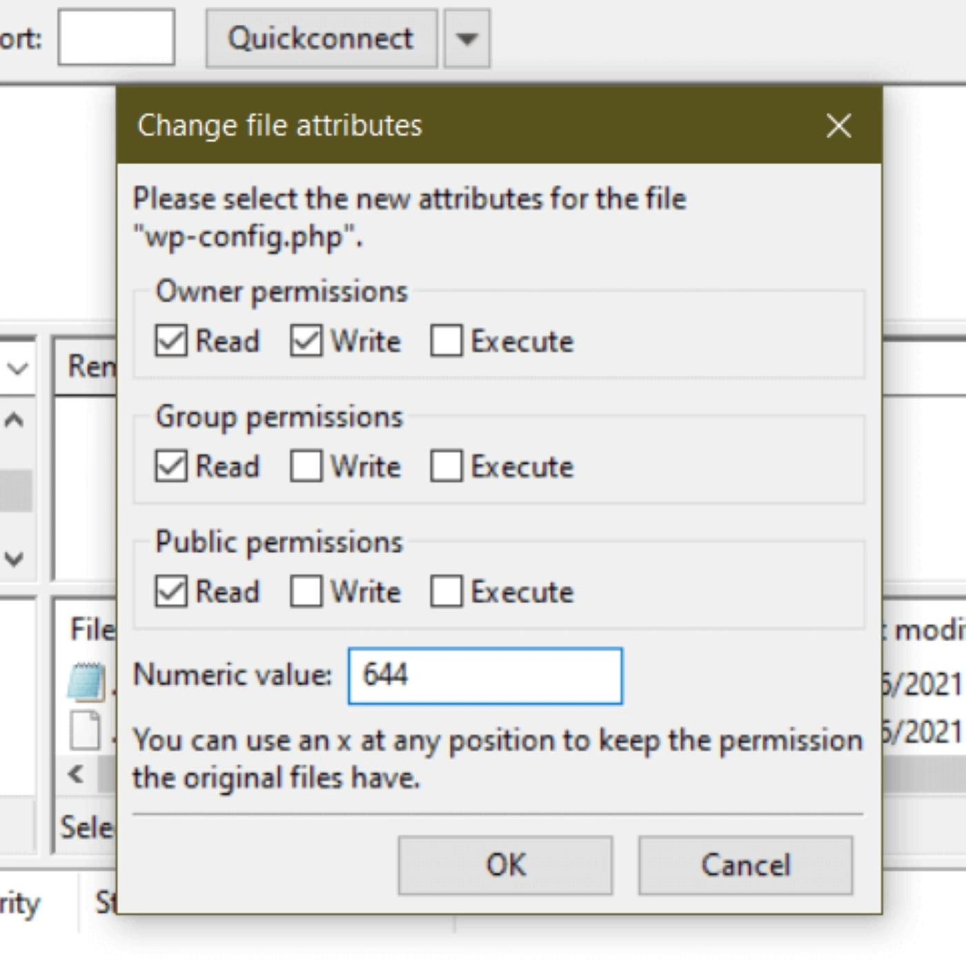 Modification des autorisations de fichier du fichier wp-config.php.