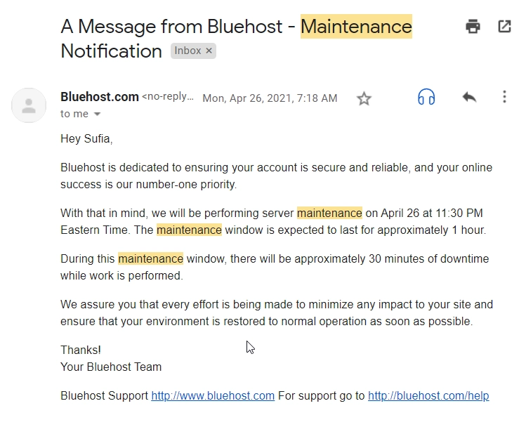 e-mail de întreținere programată bluehost