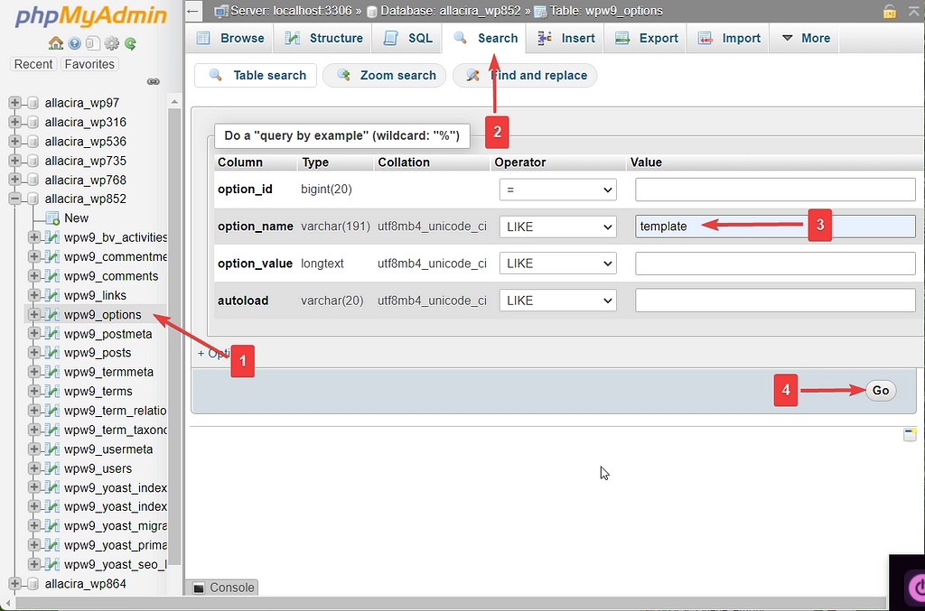 schimbarea temei wordpress în phpmyadmin