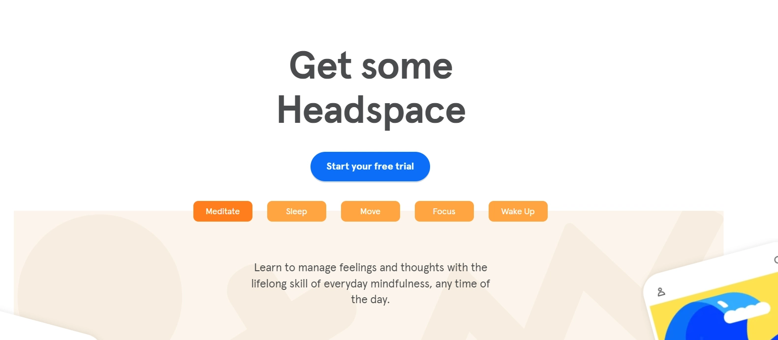 La page d'accueil Headspace affiche l'un des exemples d'appel à l'action les plus efficaces.