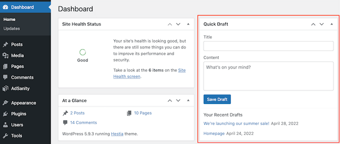 The WordPress Quick Draft box