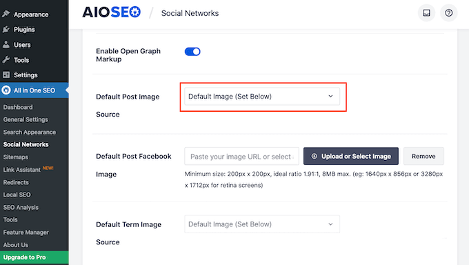 AIOSEO's social network settings