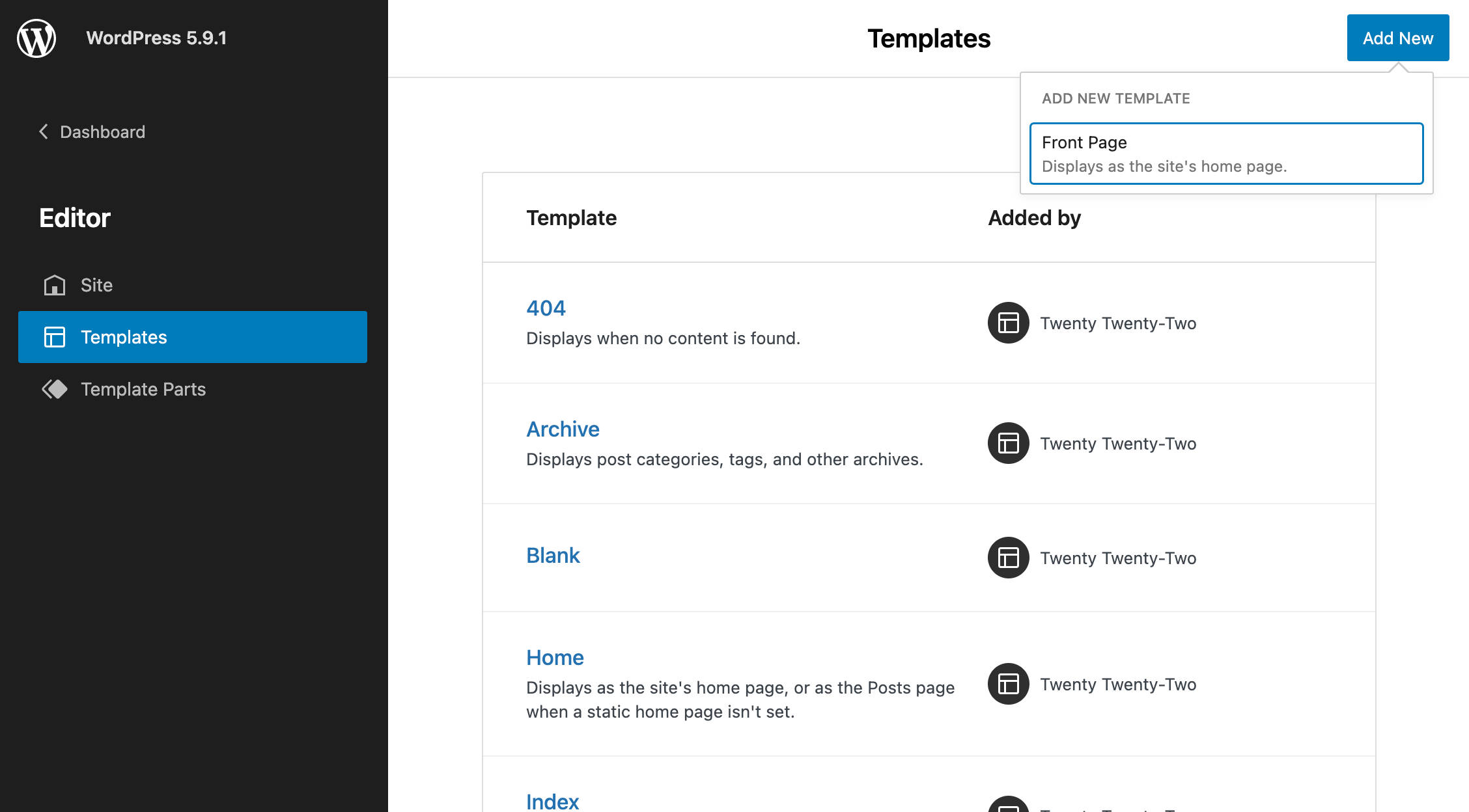 Une capture d'écran montrant des modèles dans WordPress 5.9.