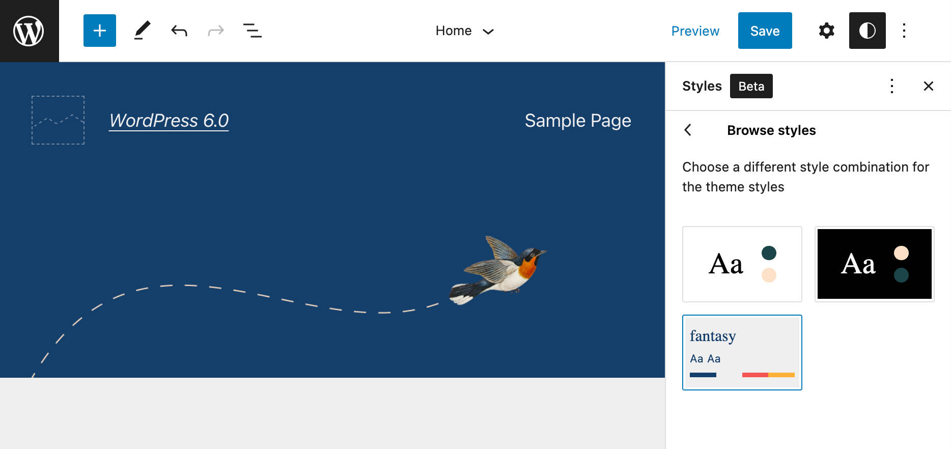 Une capture d'écran montrant le panneau Parcourir les styles dans WordPress 6.0.