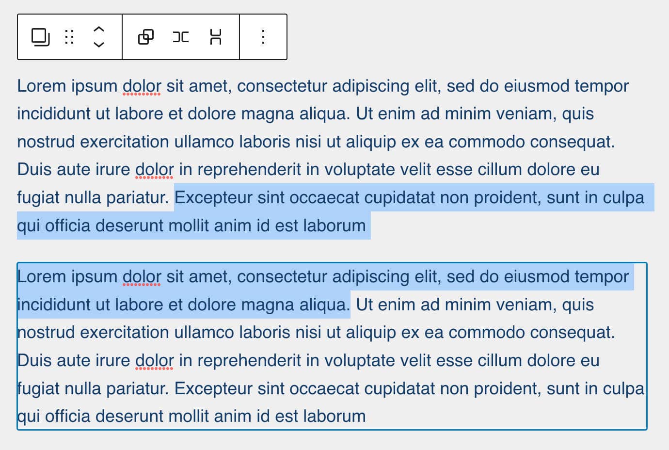 Une capture d'écran montrant la sélection de texte sur deux paragraphes.