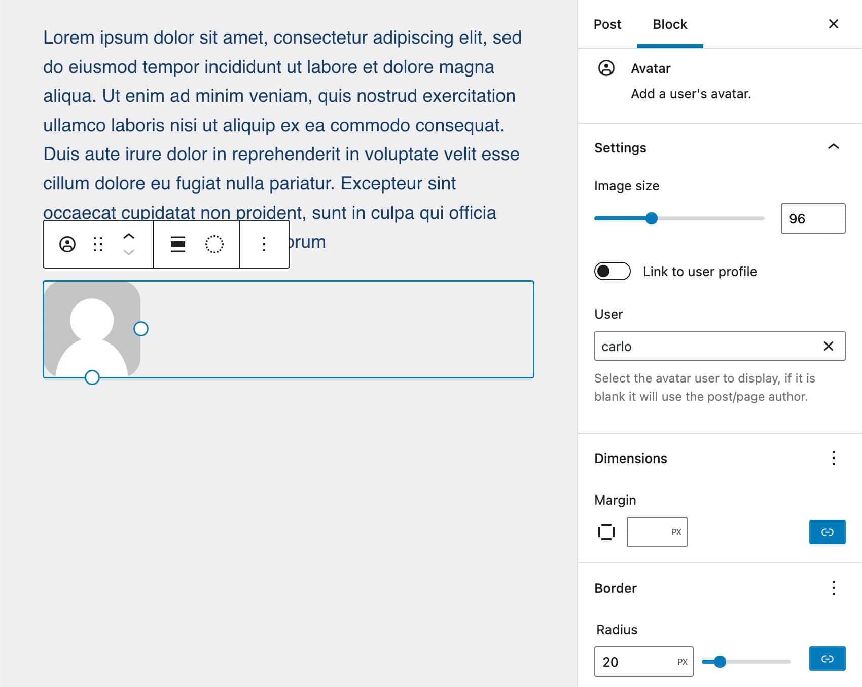 Le bloc Avatar dans WordPress 6.0.