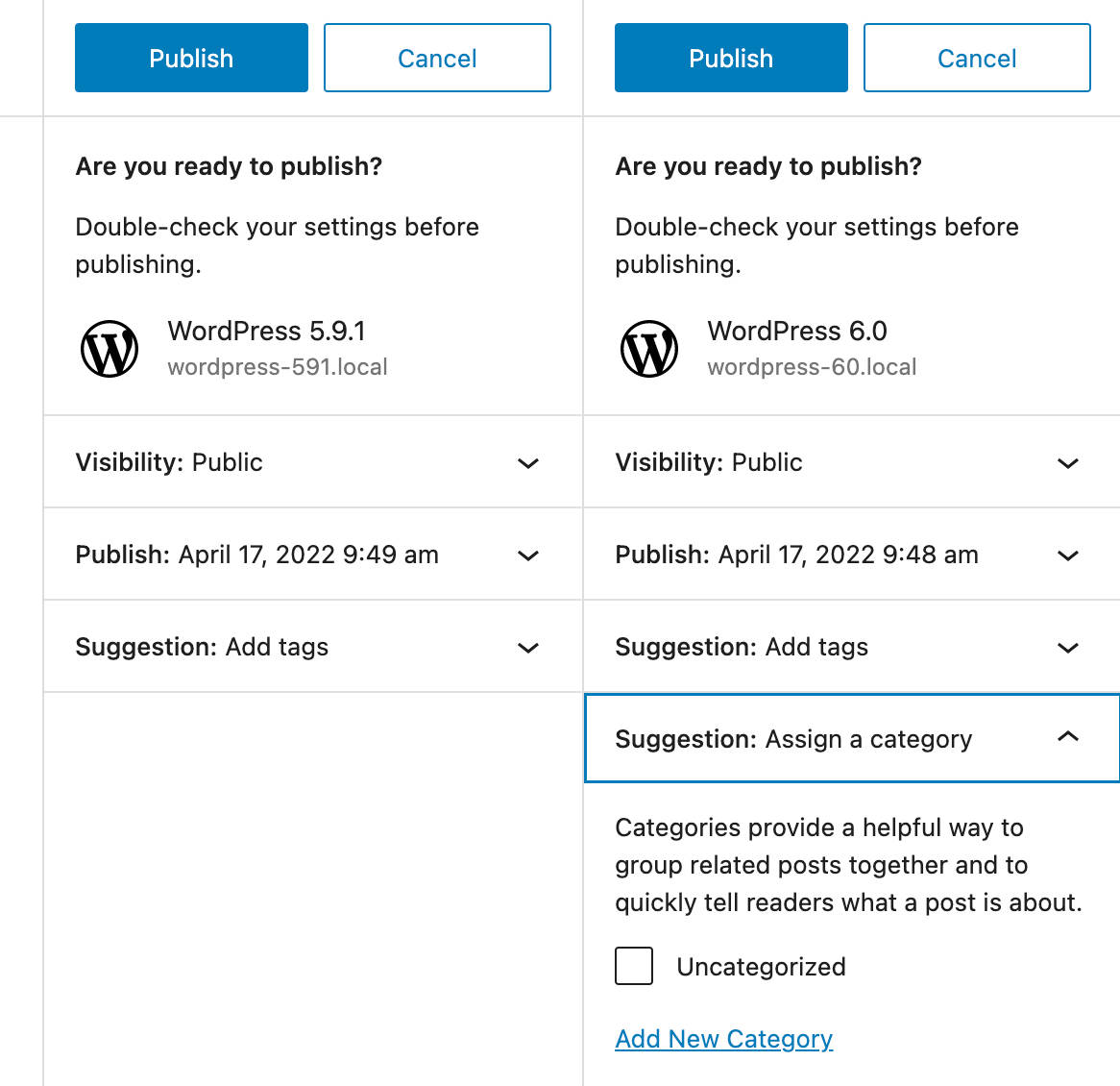 Panneau de publication dans WordPress 5.9 vs 6.0.