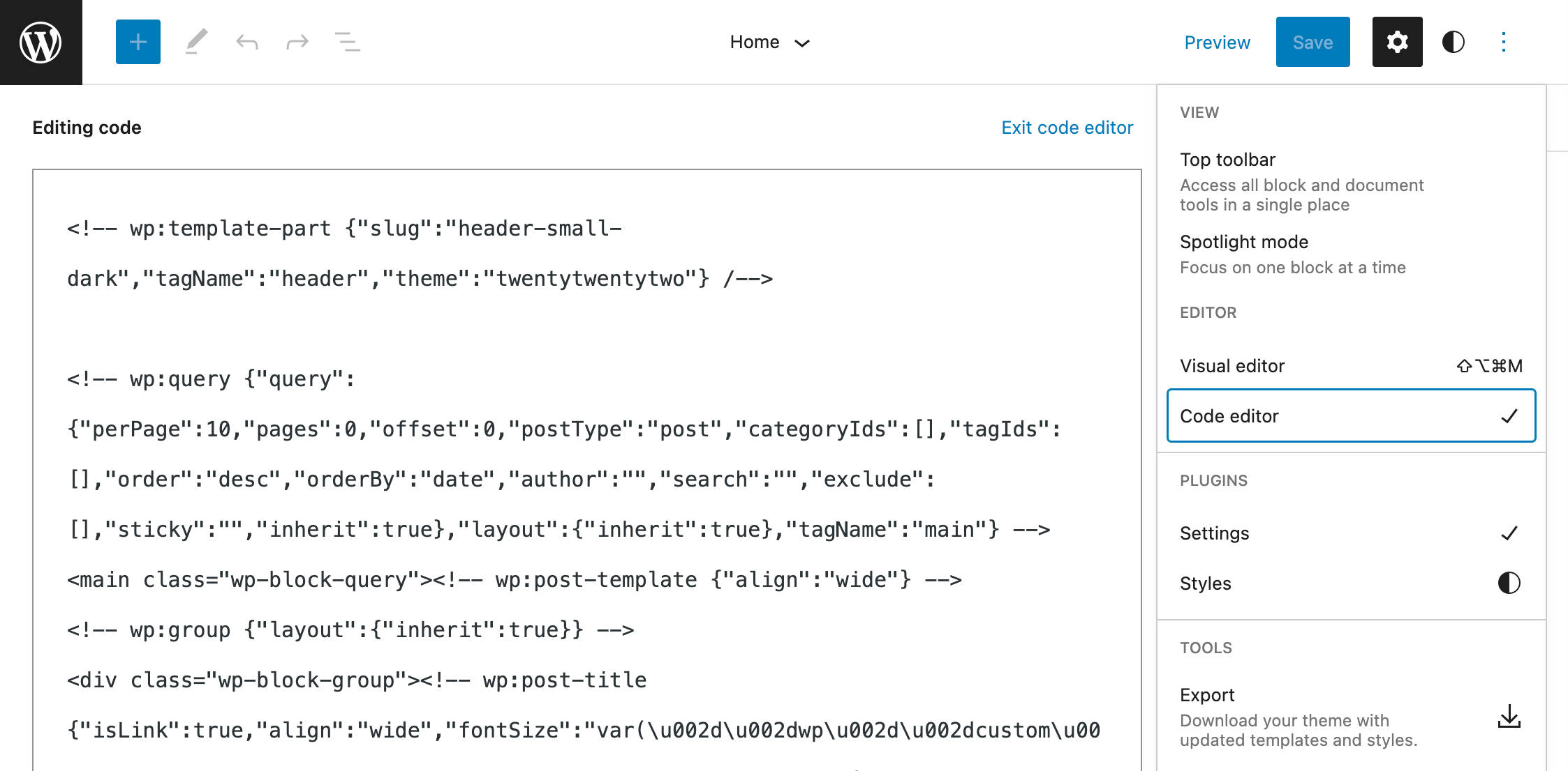 WordPress 6.0 ajoute l'éditeur de code à l'éditeur de site.