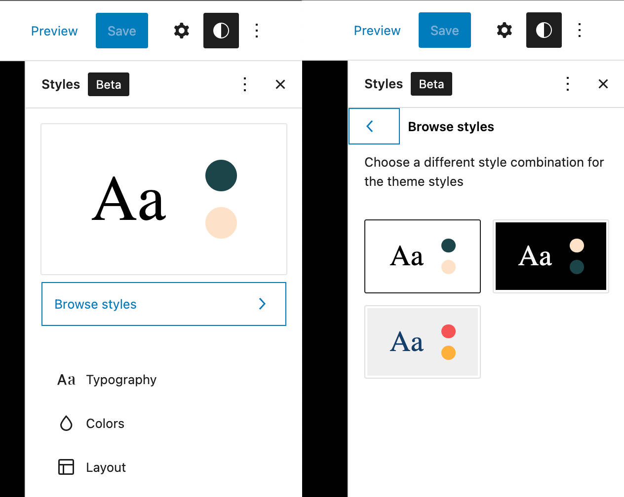 Une capture d'écran montrant l'élément Parcourir les styles dans WordPress 6.0.