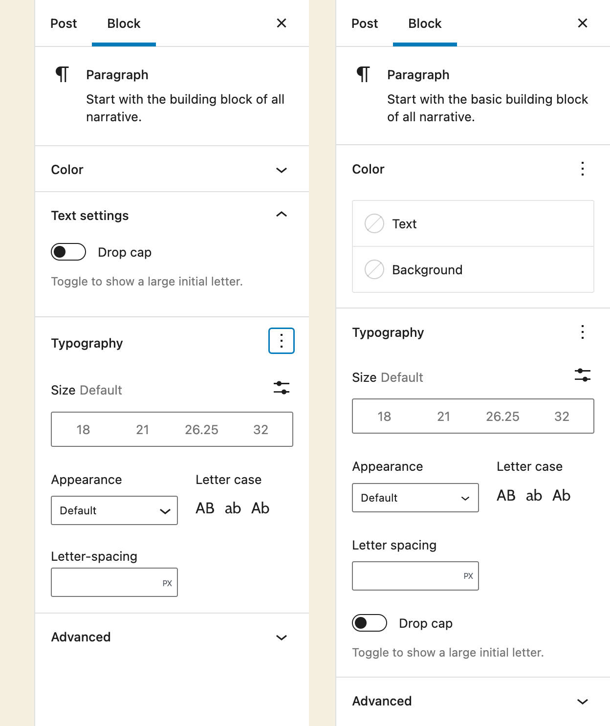 Une image montrant les paramètres de typographie dans WordPress 5.9 par rapport à WordPress 6.0.