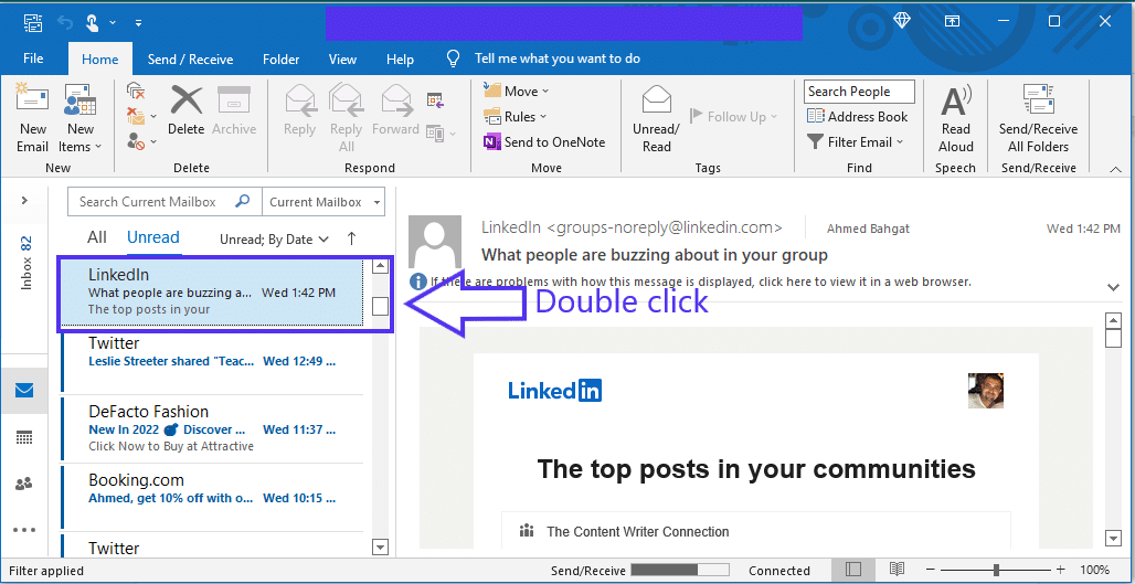 Uma caixa de entrada do Outlook com o novo e-mail mais recente destacado.