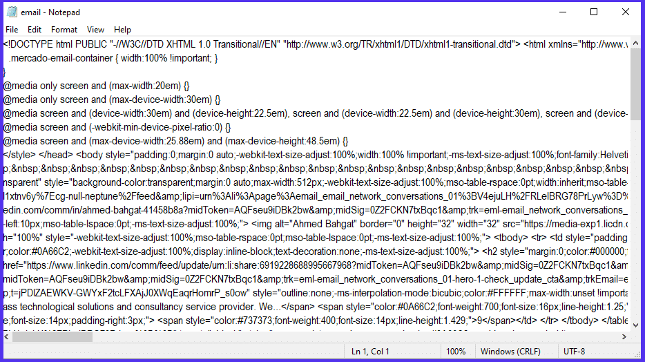 Um exemplo dos detalhes de um cabeçalho de email do Outlook quando exibidos no Bloco de Notas.