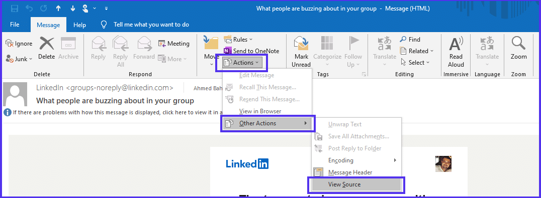 O menu "Ações" do Outlook selecionado e expandido para mostrar as opções "Outras ações" e "Exibir fonte".