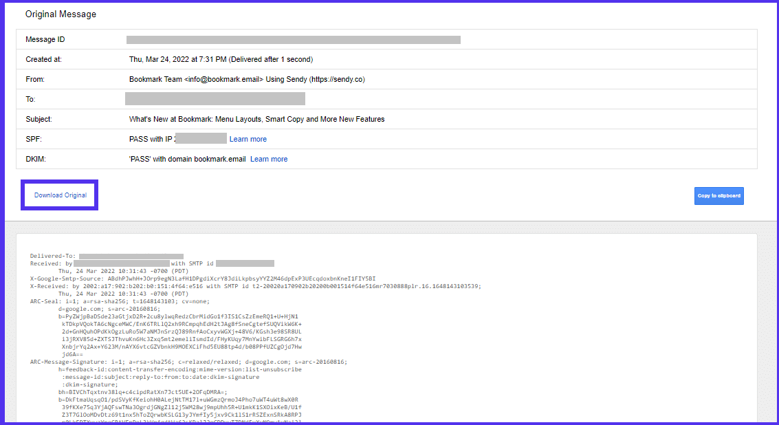 Um cabeçalho de e-mail no Gmail, mostrando uma caixa de foco em torno da opção “Baixar original”.