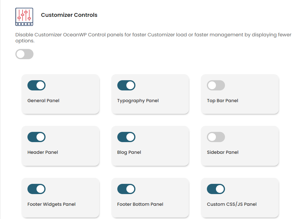 특정 사용자 지정 패널 옵션이 로드되지 않도록 비활성화할 수 있는 OceanWP 패널 사용자 지정 컨트롤 옵션 미리보기