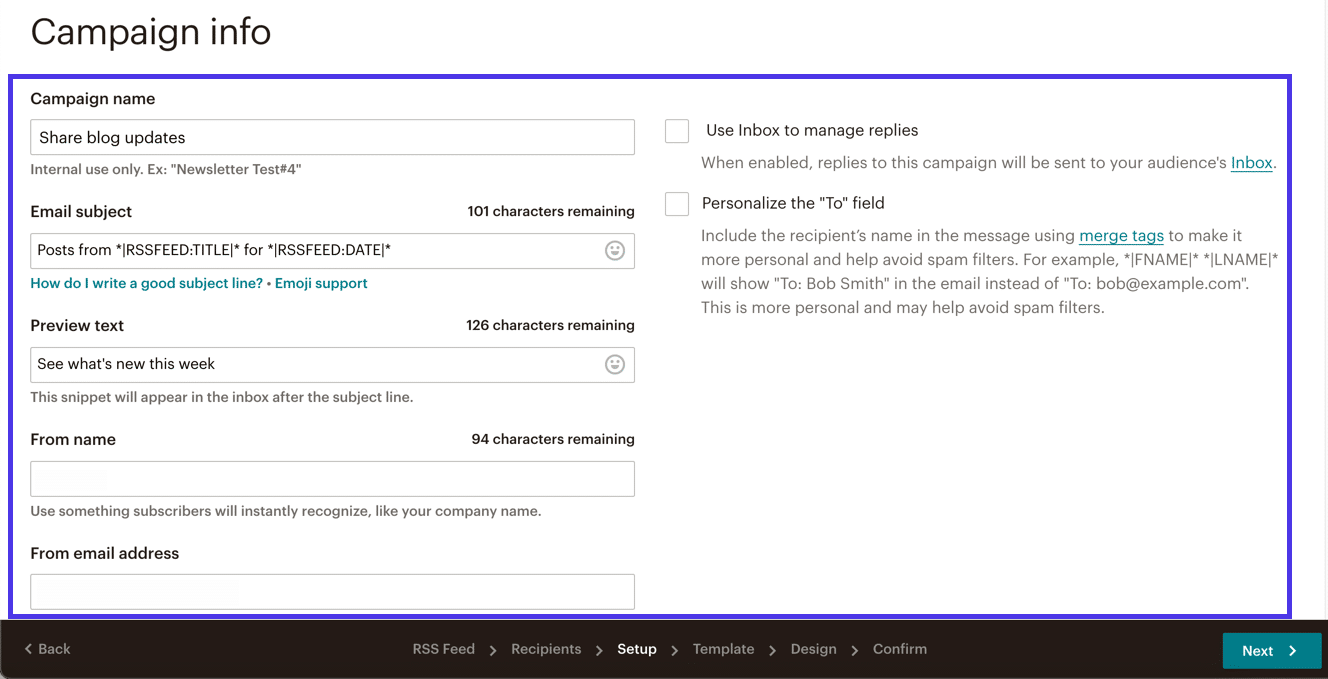 Parcourez la page d'informations sur la campagne pour configurer des paramètres tels que le nom de la campagne, l'objet de l'e-mail, etc.