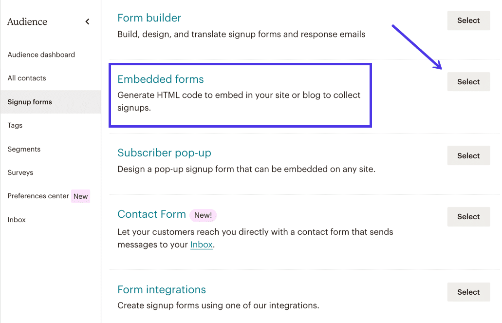 Utilisez l'option Embedded Forms pour générer des formulaires rapides à intégrer avec du code sur WordPress