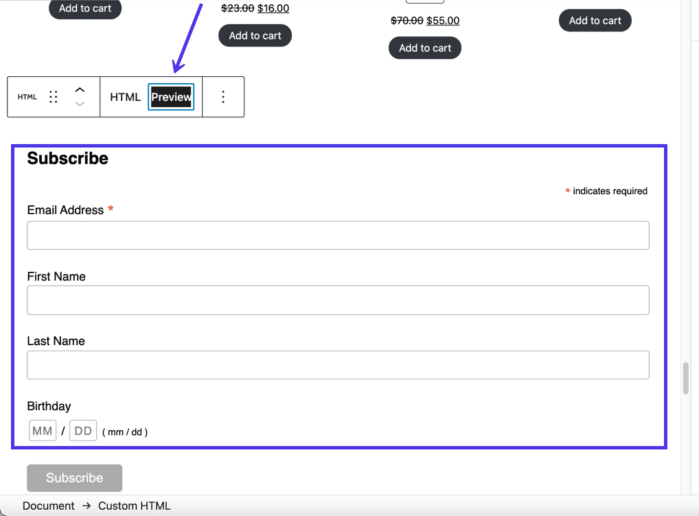 Sélectionnez le bouton Aperçu pour voir à quoi ressemblera le HTML sur le frontend