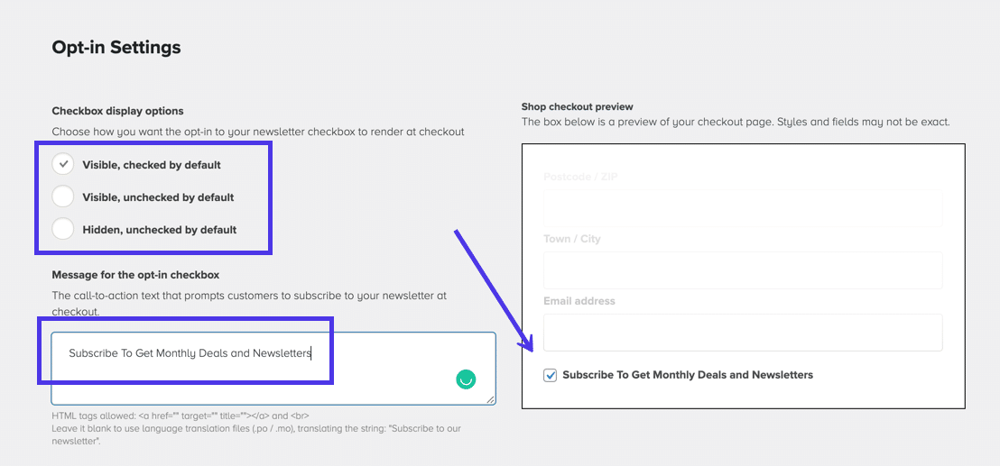 Sous Paramètres d'opt-in, modifiez l'apparence de la boîte d'opt-in de la page de paiement