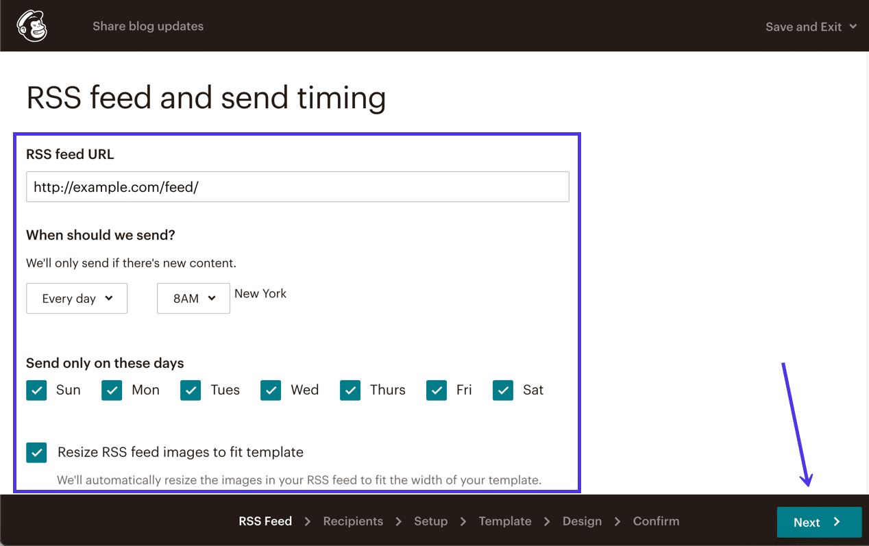 Collez l'URL du flux RSS et ajoutez les paramètres de synchronisation d'envoi souhaités