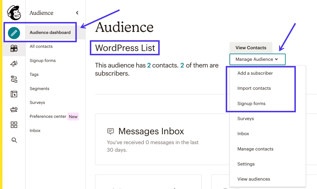 Le tableau de bord d'audience affiche le nom de votre liste de diffusion et plusieurs boutons pour ajouter un abonné, importer des contacts et créer des formulaires d'inscription.