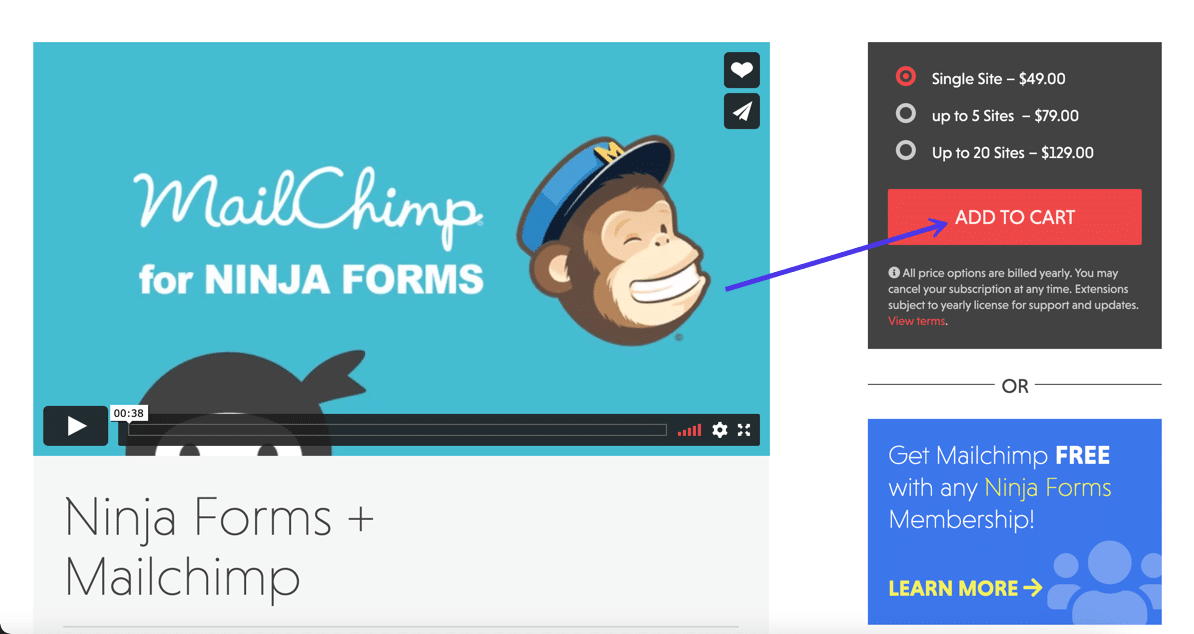 L'extension Mailchimp pour Ninja Forms est requise