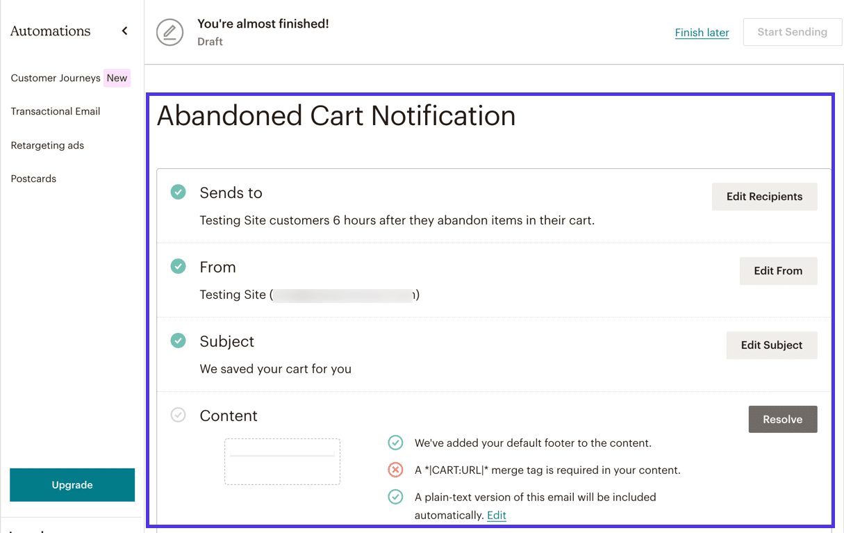 Toutes les automatisations WooCommerce via Mailchimp ont des pages de configuration similaires, où vous configurez des éléments tels que le sujet, les destinataires et le contenu.