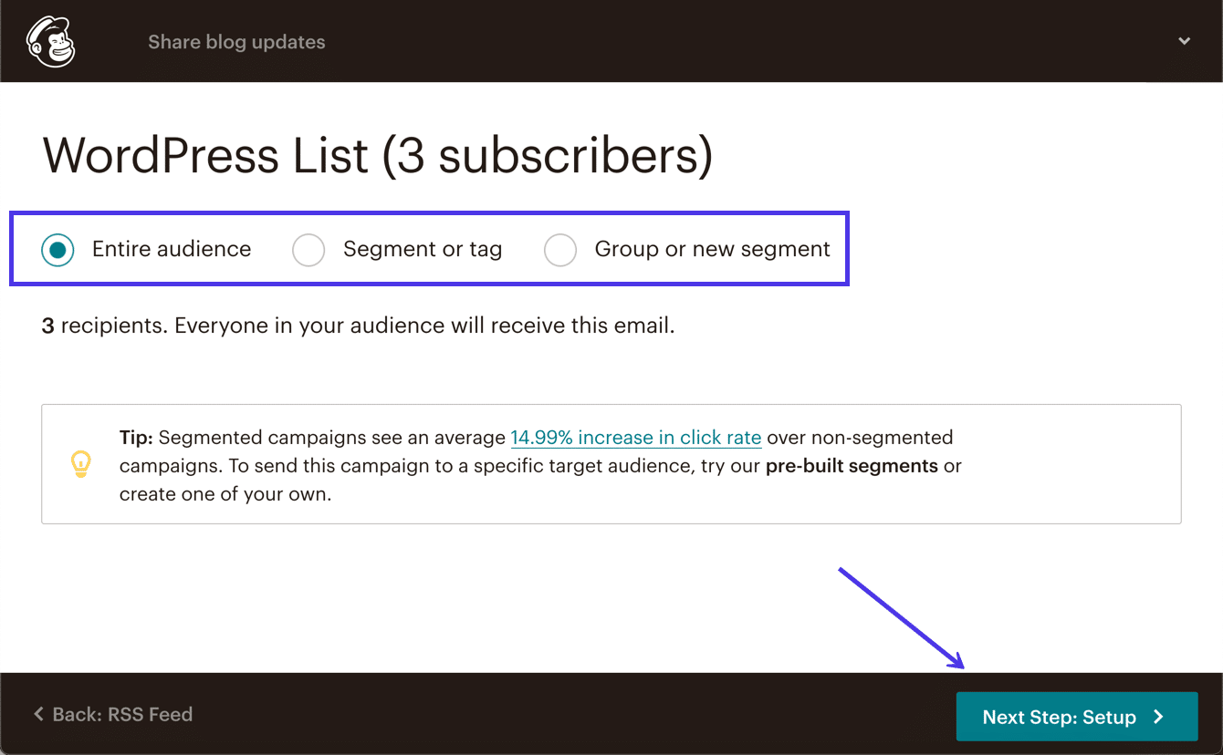 Choisissez l'ensemble de l'audience ou un segment ou un groupe spécifique de cette audience