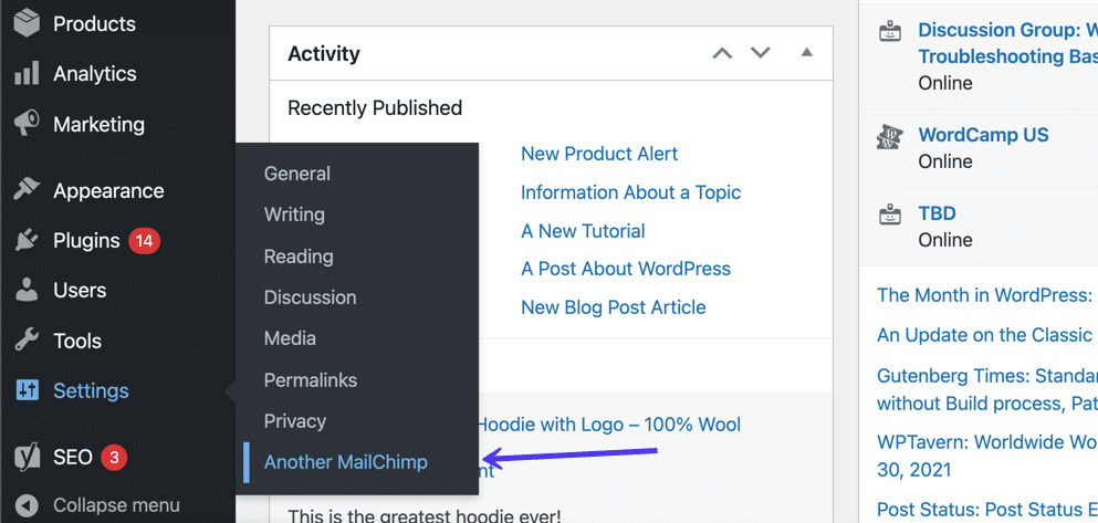 Trouvez l'onglet Another Mailchimp dans WordPress pour gérer tous les paramètres du plugin