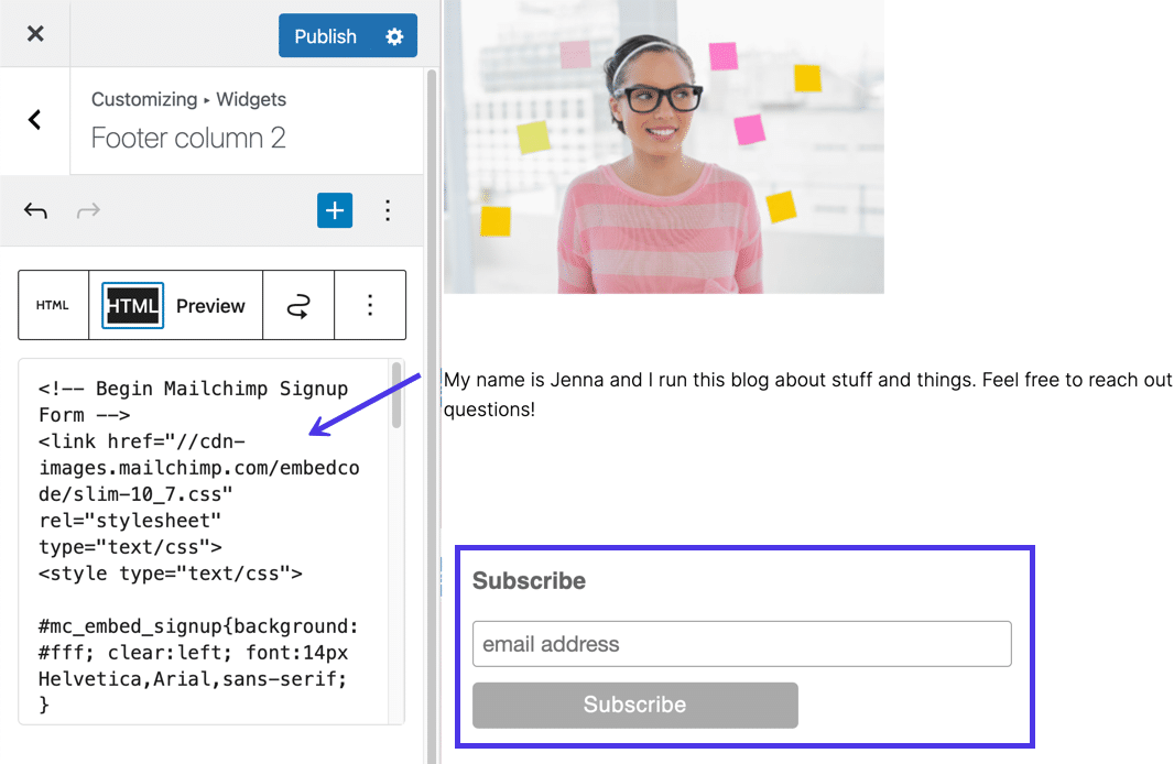 Collez le code du formulaire dans le bloc HTML personnalisé pour voir un aperçu en direct