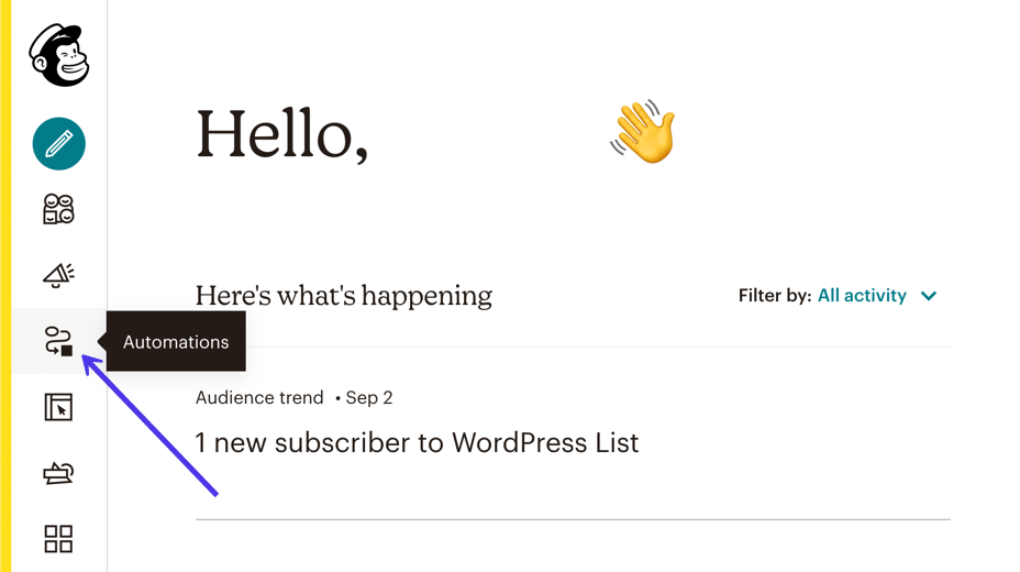 Accédez à Automatisations dans Mailchimp pour commencer à envoyer des notifications de nouveaux articles de blog